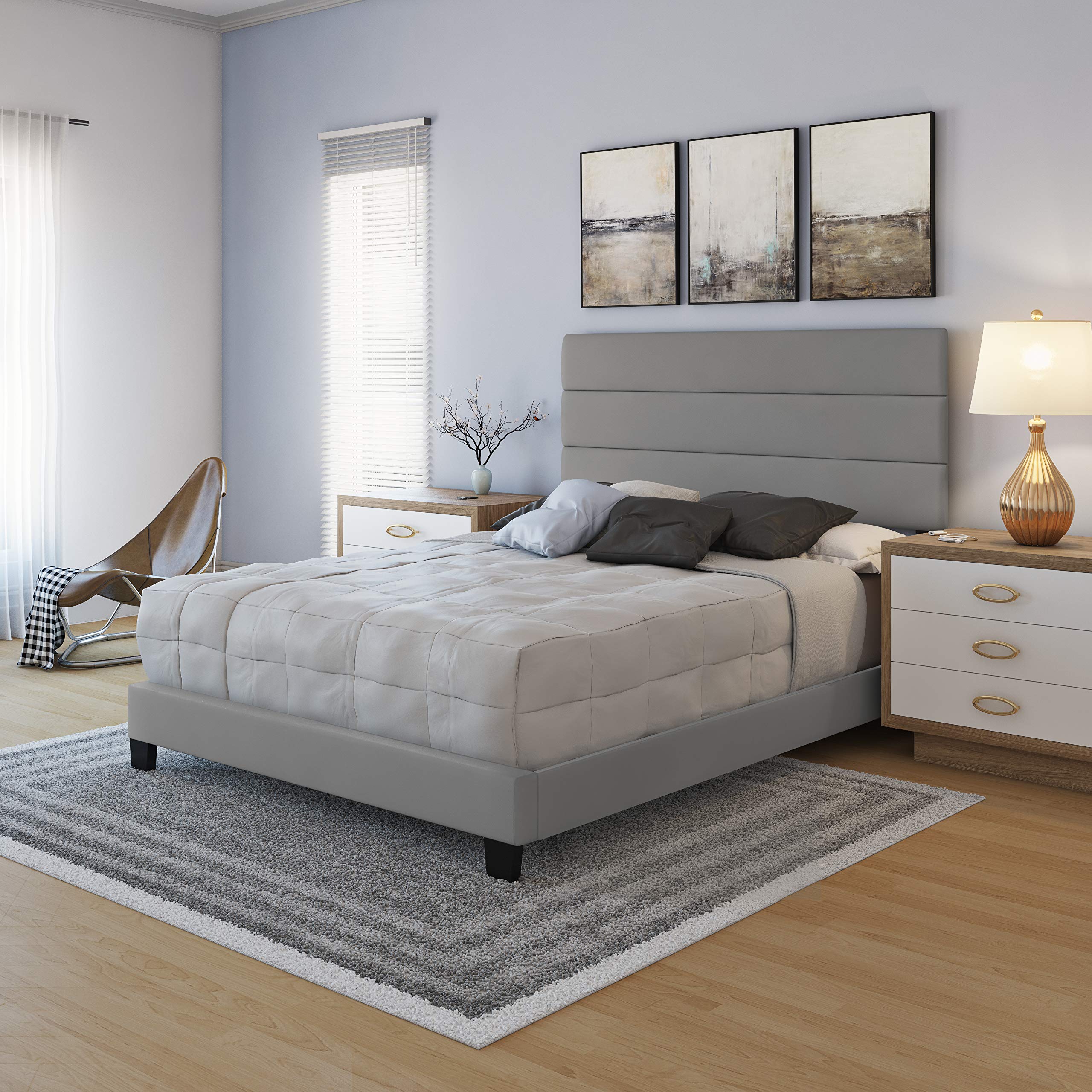 Boyd Sleep Piedmont Upholstered Platform Bed Frame Mattress Foundation With Tri-Panel Headboard And Strong Wood Slat Supports: Faux Leather, Grey, Queen